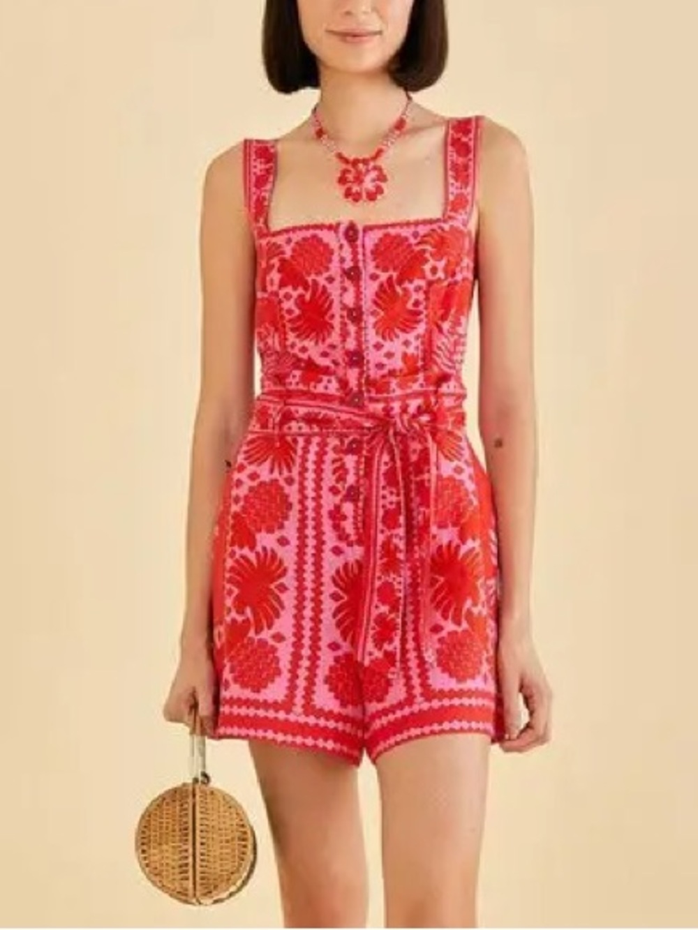 FARM Rio Pink and Red Floral Knit Romper